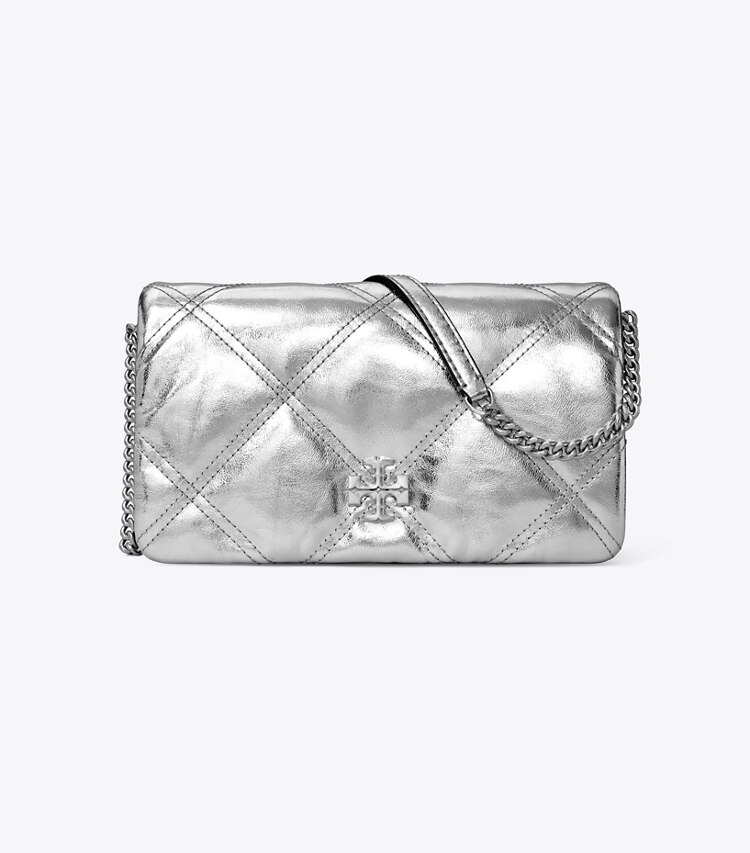 Tory Burch designer mini bags Kira Diamond Quilt Metallic Crossbody in Silver front