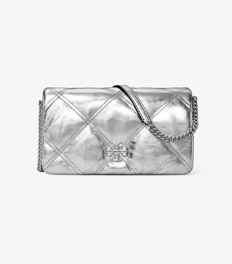 Tory Burch designer mini bags Kira Diamond Quilt Metallic Crossbody in Silver angle