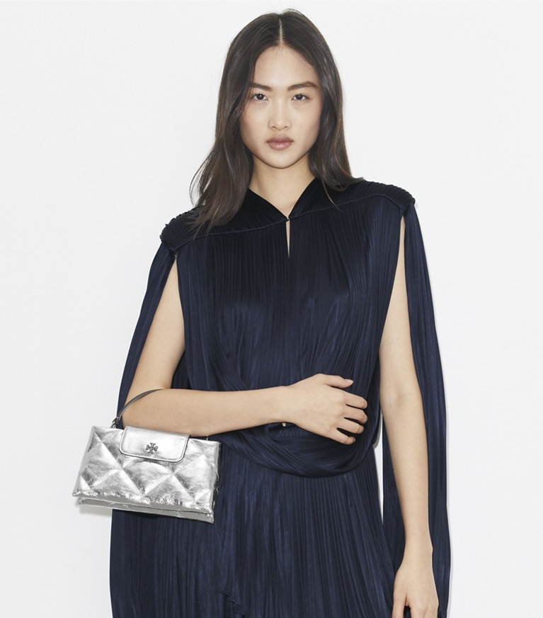 Tory Burch designer mini bags Kira Diamond Quilt Metallic Top-Handle Bag in Silver angle