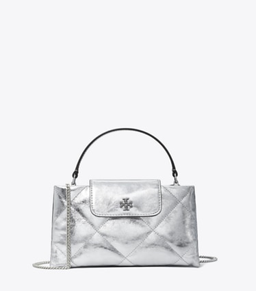 Tory Burch designer mini bags Kira Diamond Quilt Metallic Top-Handle Bag in Silver front