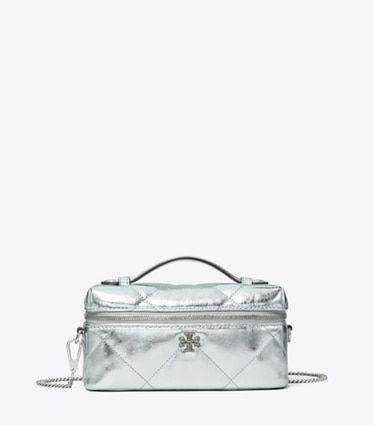 Tory Burch designer mini bags Kira Diamond Quilt Metallic Vanity Case in Silver front