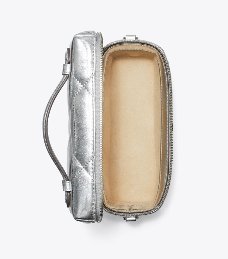 Tory Burch designer mini bags Kira Diamond Quilt Metallic Vanity Case in Silver overhead