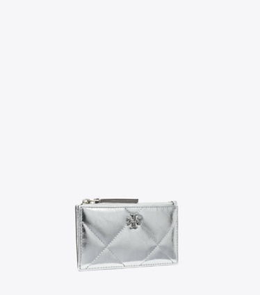 Tory Burch designer card cases Kira Diamond Quilt Metallic Zip Card Case in Silver angle