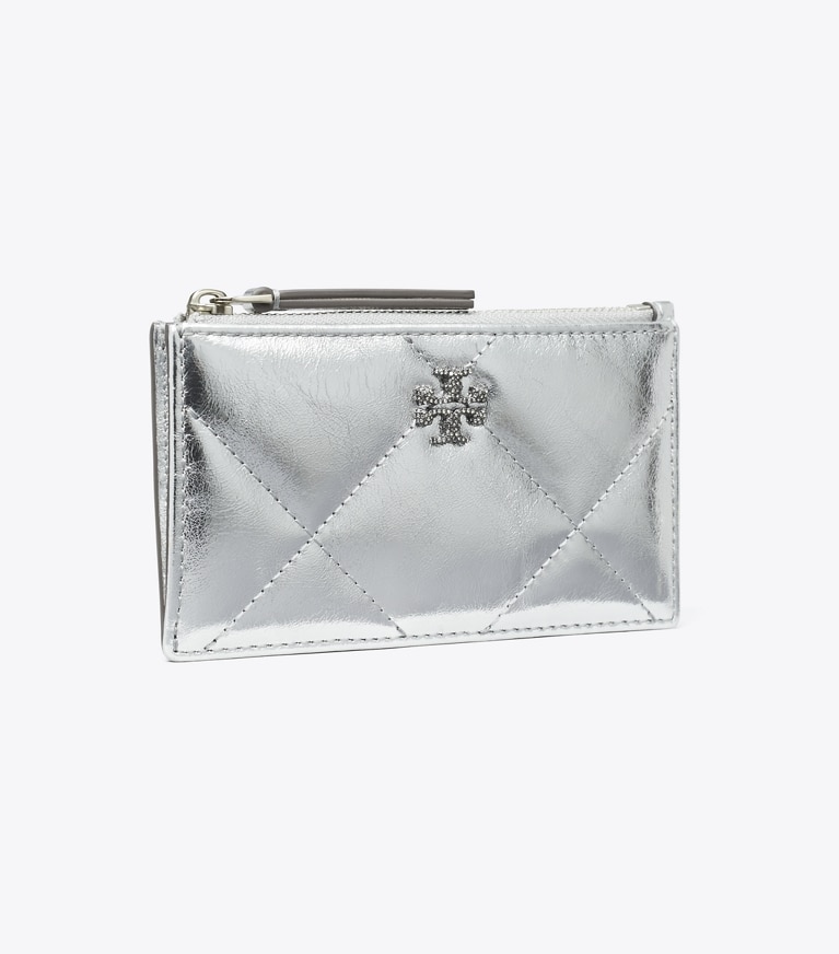 Tory Burch designer card cases Kira Diamond Quilt Metallic Zip Card Case in Silver angle