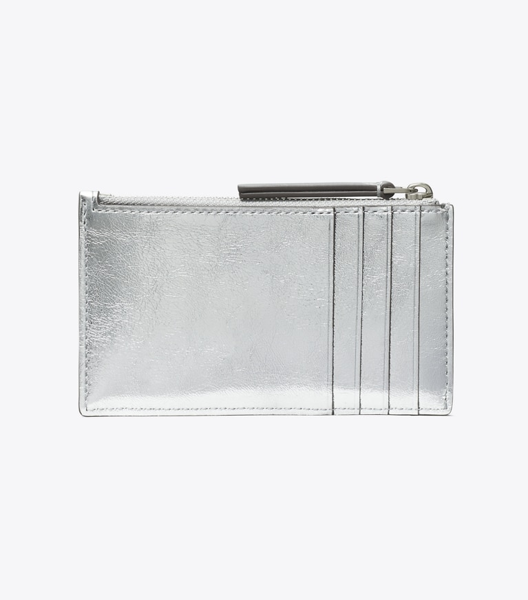 Tory Burch designer card cases Kira Diamond Quilt Metallic Zip Card Case in Silver angle
