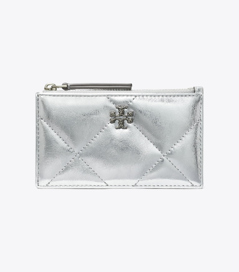 Tory Burch designer card cases Kira Diamond Quilt Metallic Zip Card Case in Silver angle