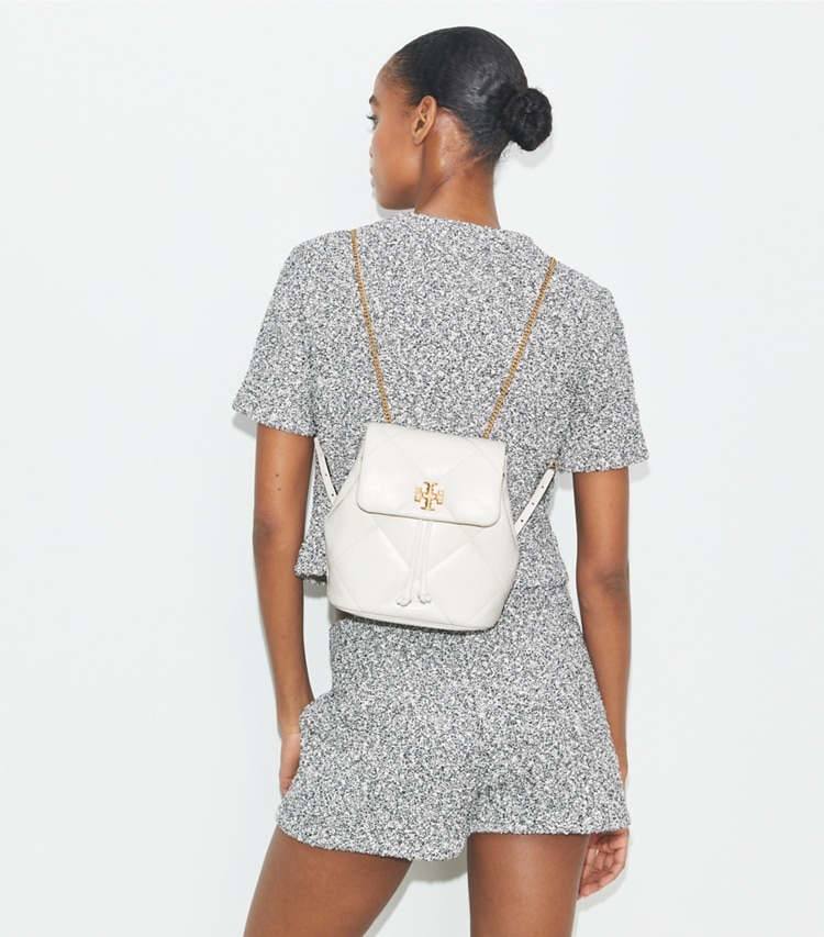 Tory Burch designer backpacks Kira Diamond Quilt Mini Backpack in Warm White additional on model