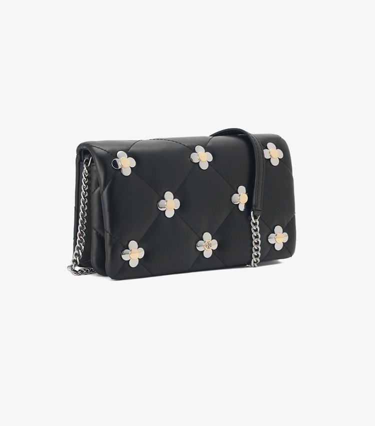 Tory Burch designer ミニバッグ キラ ダイヤモンドキルト マルチクローバー チェーンウォレット in Black angle