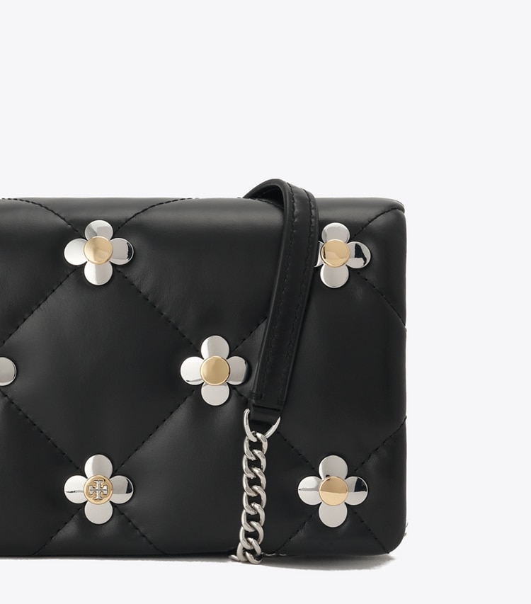 Tory Burch designer ミニバッグ キラ ダイヤモンドキルト マルチクローバー チェーンウォレット in Black ディテール