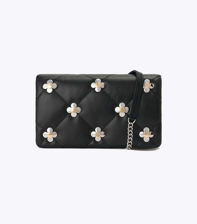 Tory Burch designer ミニバッグ キラ ダイヤモンドキルト マルチクローバー チェーンウォレット in Black front