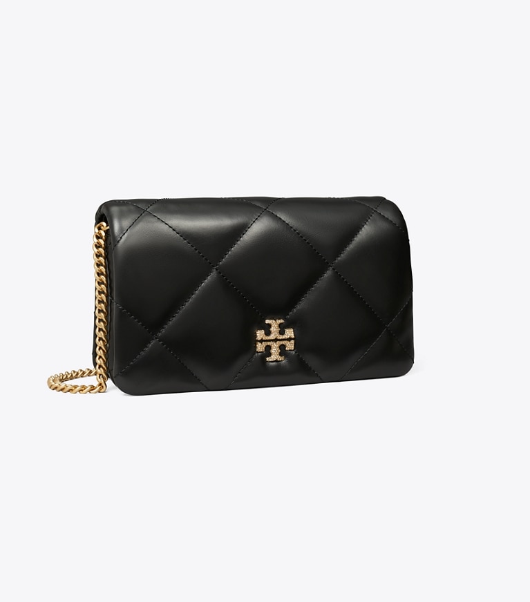 Tory Burch designer mini bags Kira Diamond Quilt Pavé Logo Crossbody in Black angle