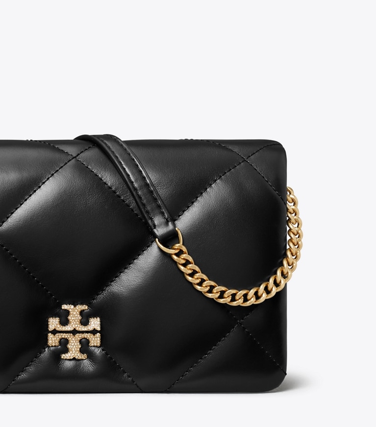 Tory Burch designer mini bags Kira Diamond Quilt Pavé Logo Crossbody in Black angle