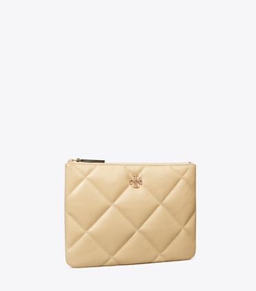 Tory Burch designer coin purses Kira Diamond Quilt Pavé Logo Pouch in Vanilla Soft Serve angle
