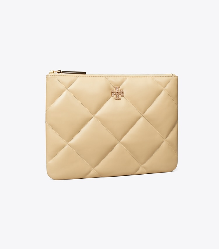 Tory Burch designer Kira Diamond Quilt Pavé Logo Pouch in Vanilla Soft Serve angle