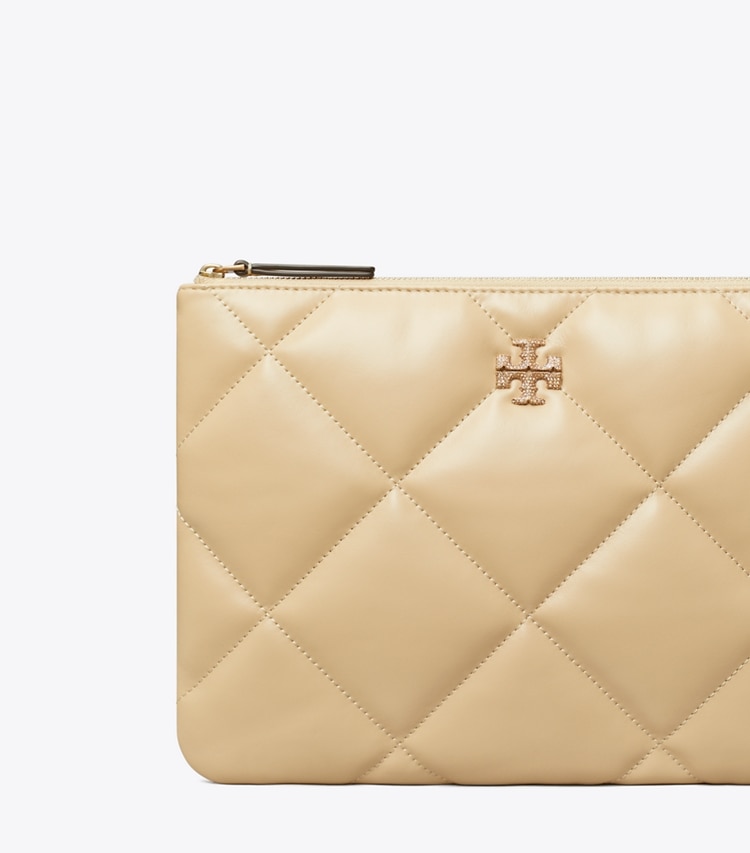Tory Burch designer Kira Diamond Quilt Pavé Logo Pouch in Vanilla Soft Serve detail
