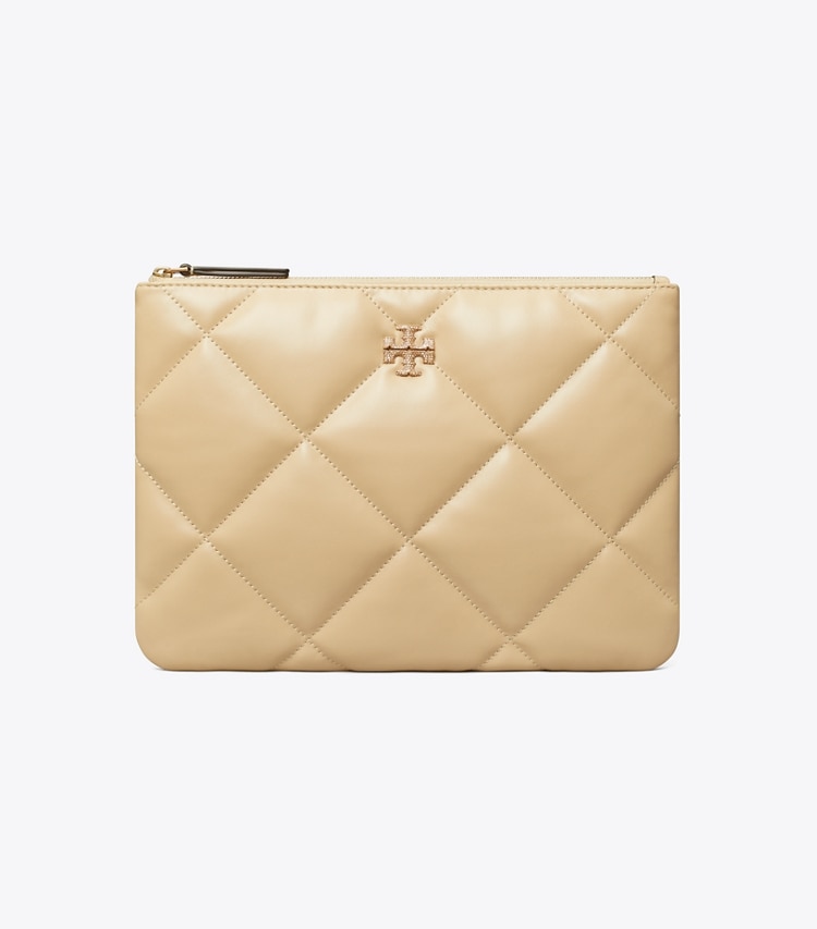 Tory Burch designer Kira Diamond Quilt Pavé Logo Pouch in Vanilla Soft Serve front