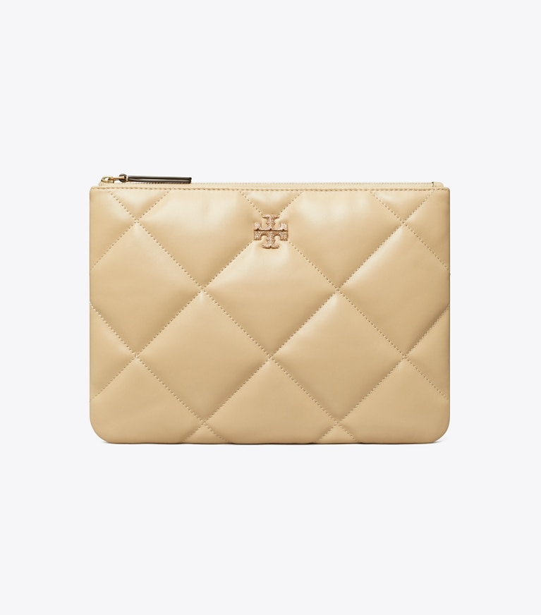 Tory Burch designer Kira Diamond Quilt Pavé Logo Pouch in Vanilla Soft Serve angle