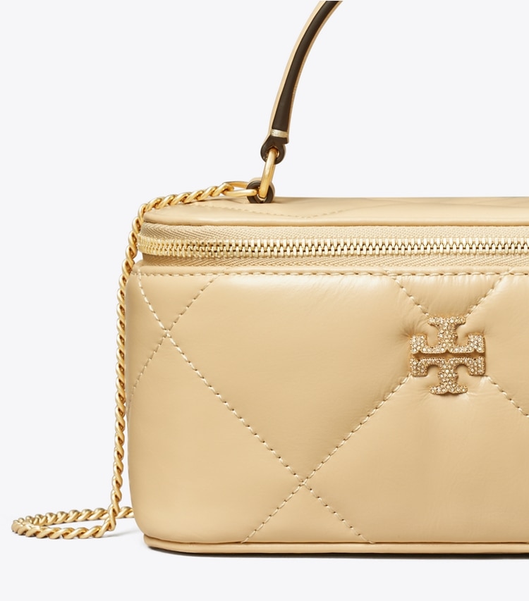 Tory Burch designer mini bags Kira Diamond Quilt Pavé Logo Vanity Case in Vanilla Soft Serve detail
