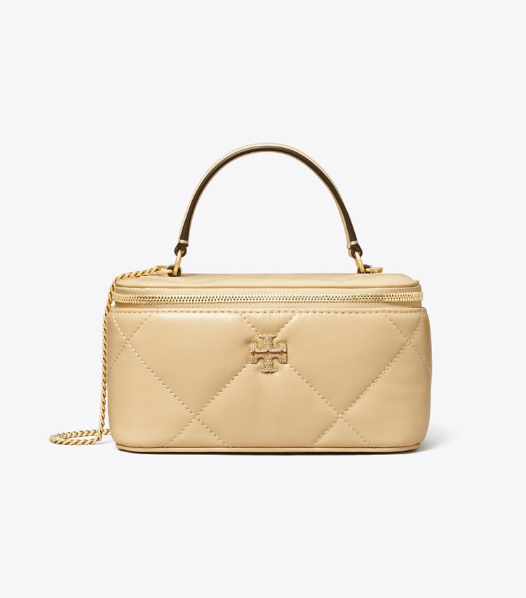 Tory Burch designer mini bags Kira Diamond Quilt Pavé Logo Vanity Case in Vanilla Soft Serve front