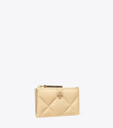 Tory Burch designer card cases Kira Diamond Quilt Pavé Logo Zip Card Case in Vanilla Soft Serve angle