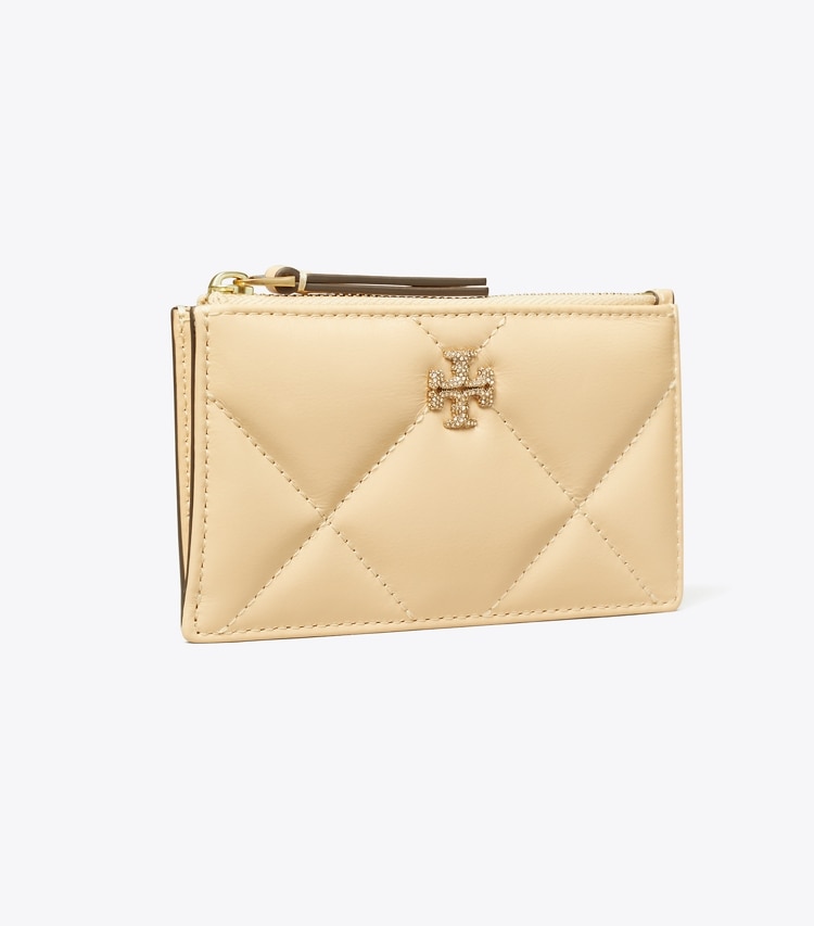Tory Burch designer card cases Kira Diamond Quilt Pavé Logo Zip Card Case in Vanilla Soft Serve angle
