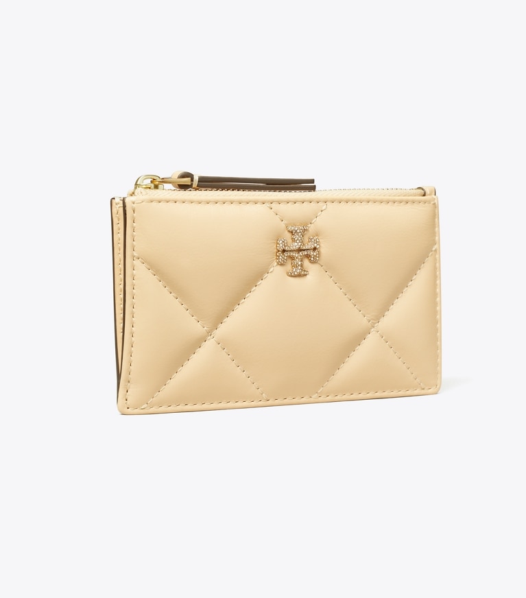 Tory Burch designer card cases Kira Diamond Quilt Pavé Logo Zip Card Case in Vanilla Soft Serve angle