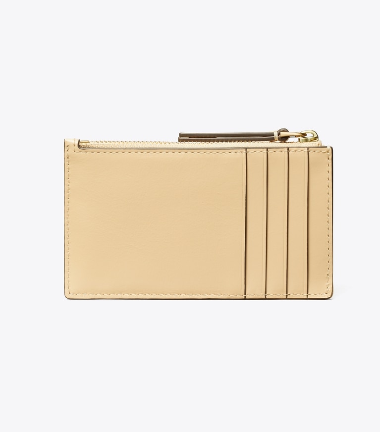 Tory Burch designer card cases Kira Diamond Quilt Pavé Logo Zip Card Case in Vanilla Soft Serve angle
