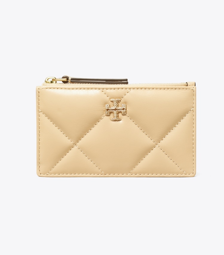 Tory Burch designer card cases Kira Diamond Quilt Pavé Logo Zip Card Case in Vanilla Soft Serve front