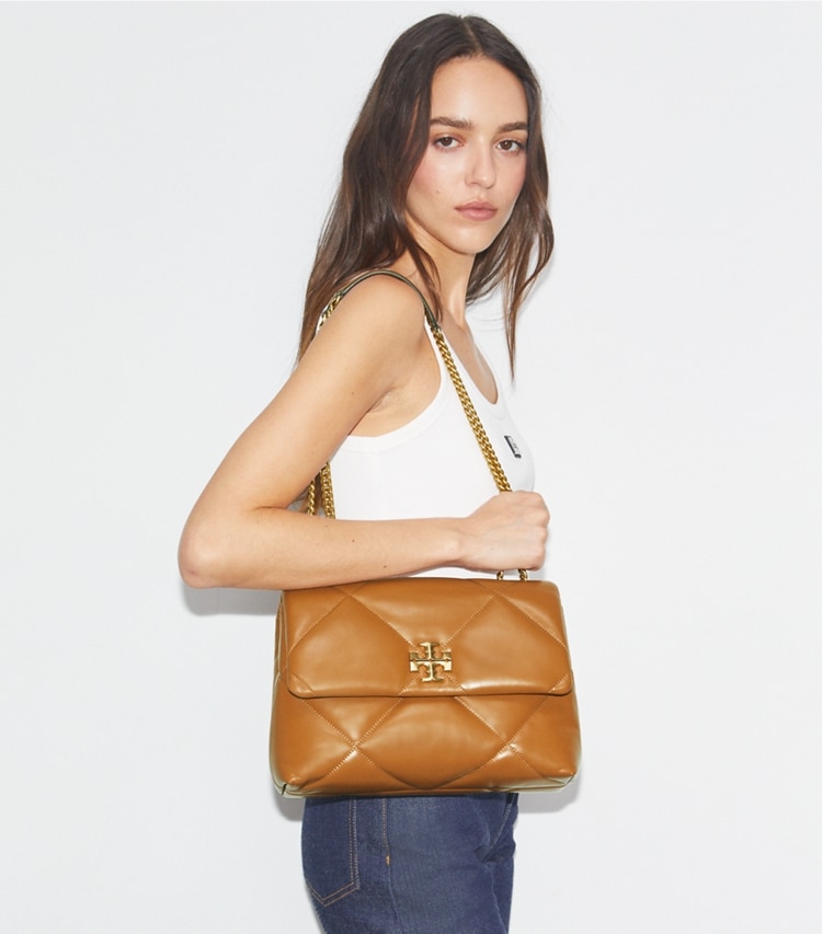 Tory Burch designer shoulder bags Kira Diamond Quilt Shoulder Bag in Classic Chestnut accessory on model