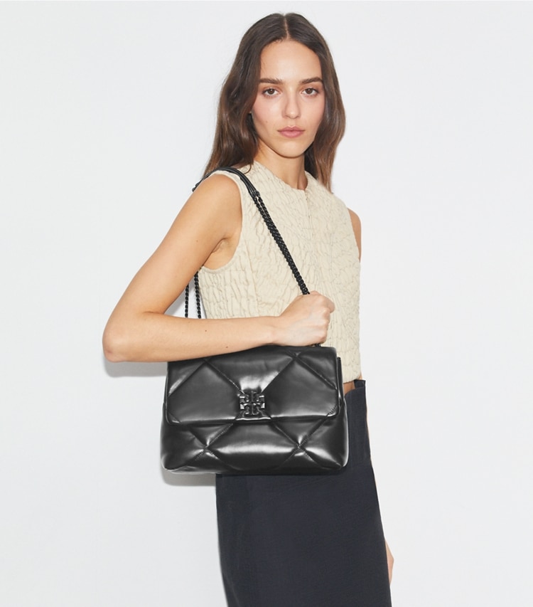 Tory Burch designer shoulder bags Kira Diamond Quilt Shoulder Bag in Black accessory on model