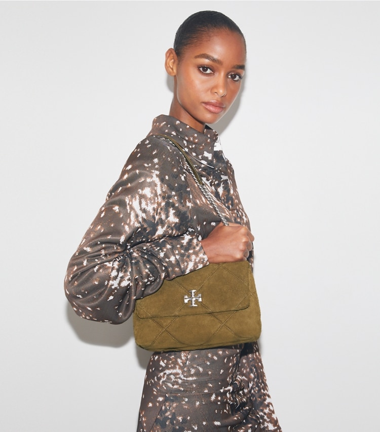 Tory Burch designer shoulder bags Kira Diamond Quilt Suede Shoulder Bag in Deep Olive accessory on model