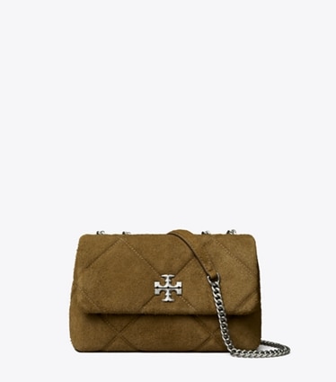 Tory Burch designer shoulder bags Kira Diamond Quilt Suede Shoulder Bag in Deep Olive front