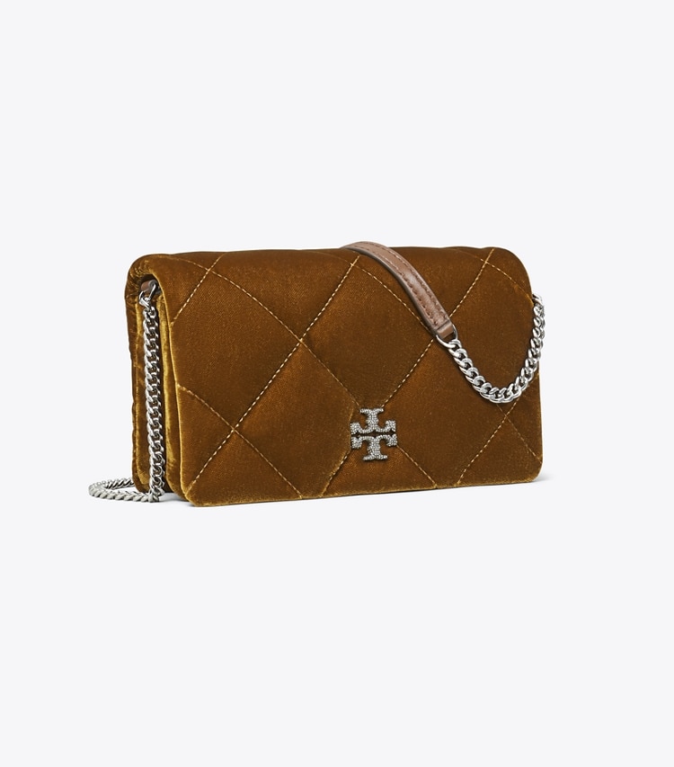 Tory Burch designer mini bags Kira Diamond Quilt Velvet Crossbody in Warm Honey angle