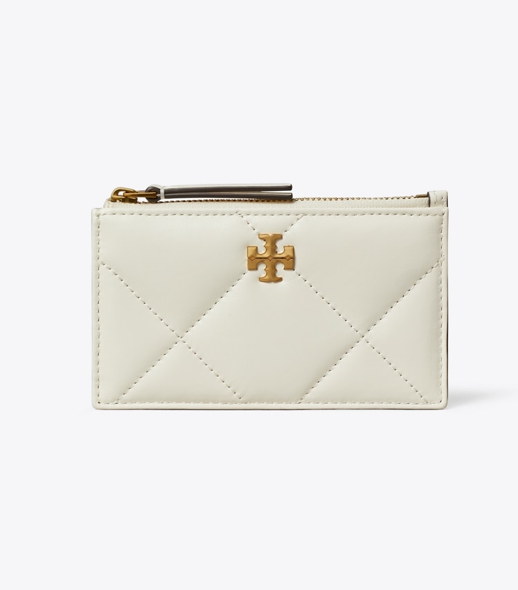 Tory Burch designer card cases Kira Diamond Quilt Zip Card Case in Warm White front