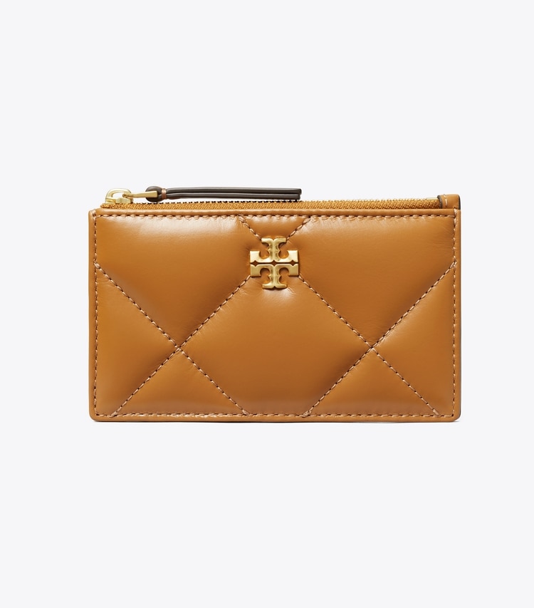 Tory Burch designer card cases Kira Diamond Quilt Zip Card Case in Tan front