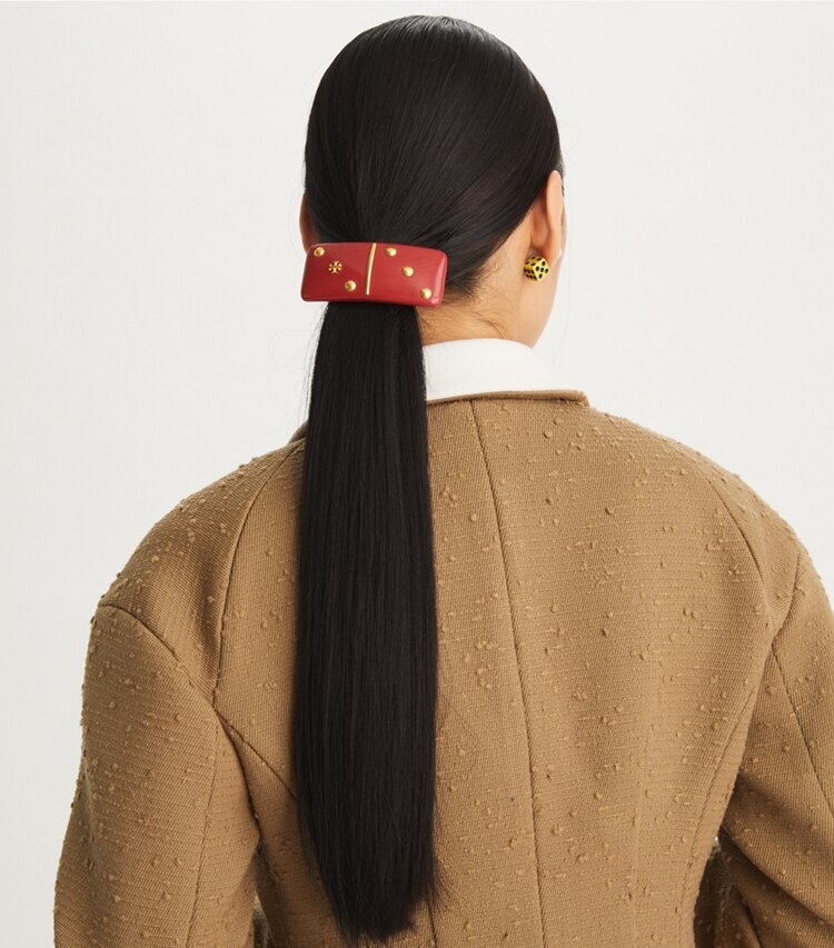 Tory Burch designer hair pins Kira Domino Barrette in Rolled Brass/Red Multi accessory on model