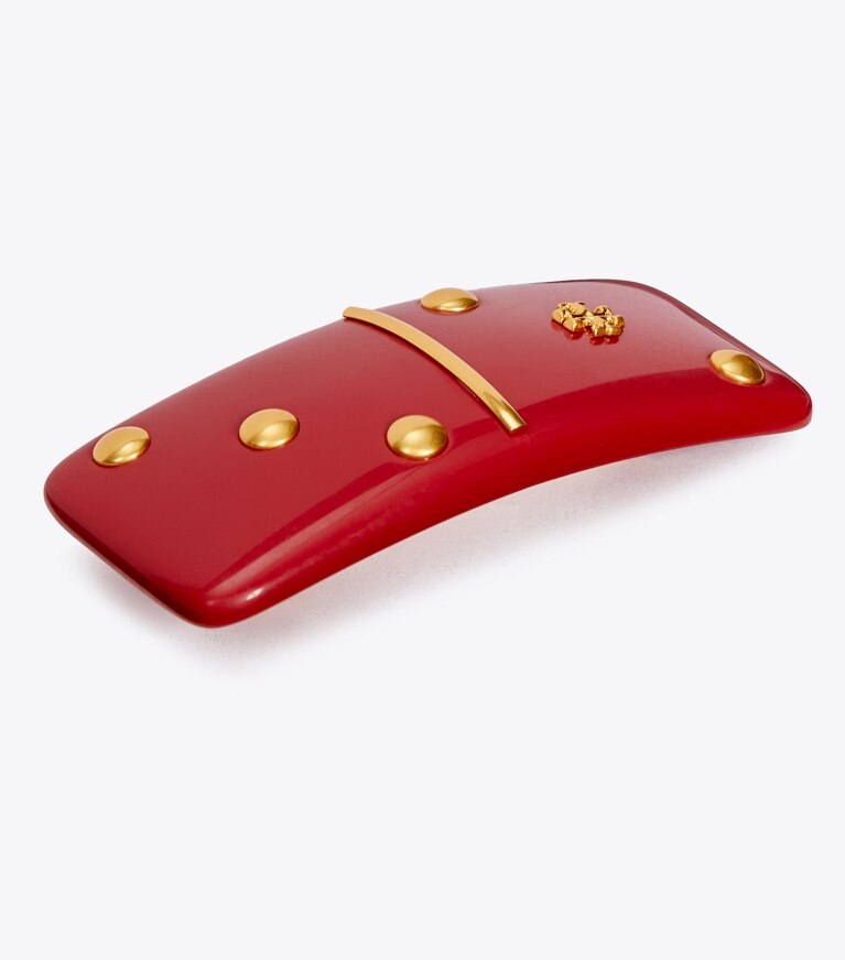 Tory Burch designer hair pins Kira Domino Barrette in Rolled Brass/Red Multi front