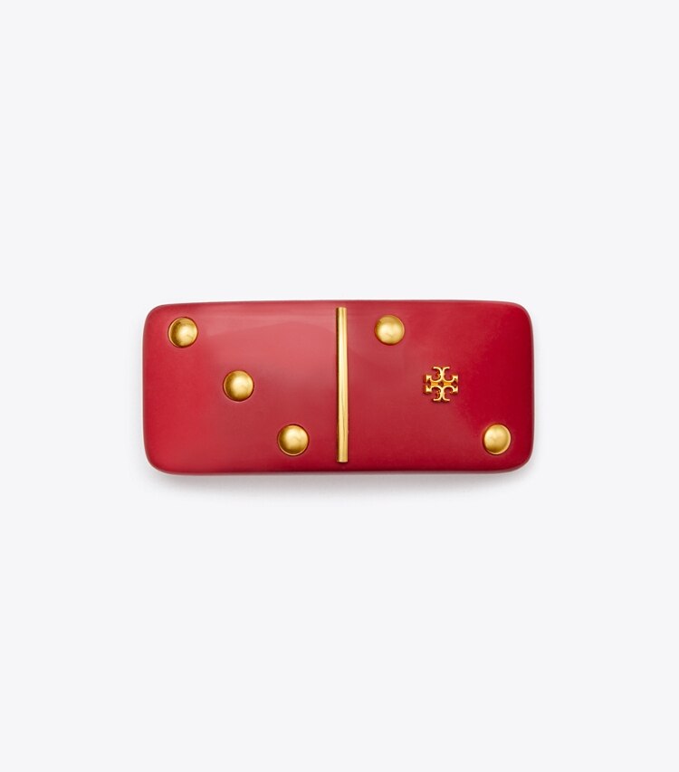 Tory Burch designer hair pins Kira Domino Barrette in Rolled Brass/Red Multi front
