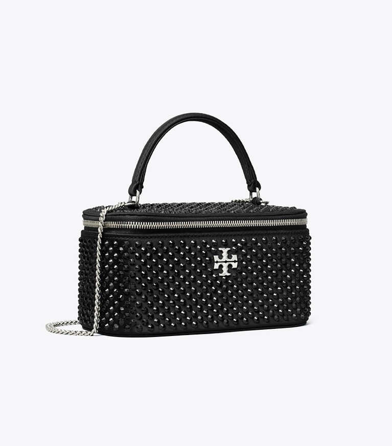 Tory Burch designer mini bags Kira Embellished Satin Vanity Case in Black angle