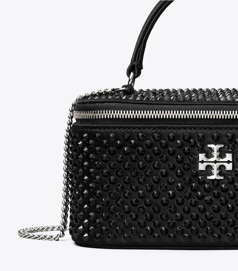 Tory Burch designer mini bags Kira Embellished Satin Vanity Case in Black detail