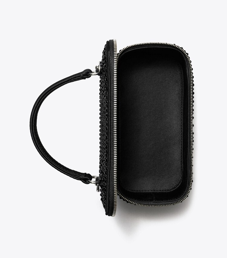 Tory Burch designer mini bags Kira Embellished Satin Vanity Case in Black overhead
