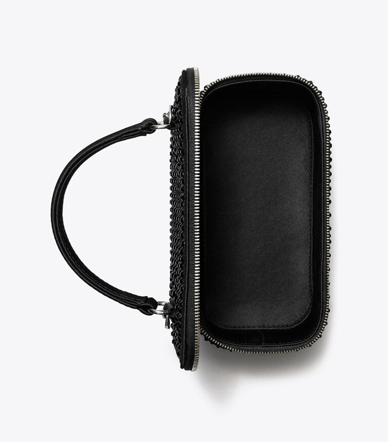 Tory Burch designer mini bags Kira Embellished Satin Vanity Case in Black overhead