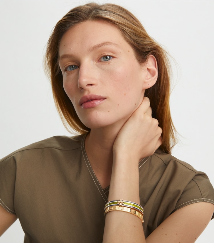 Tory Burch designer bracelets Kira Enamel 10mm Bracelet in Tory Silver / Blue Multi accessory on model