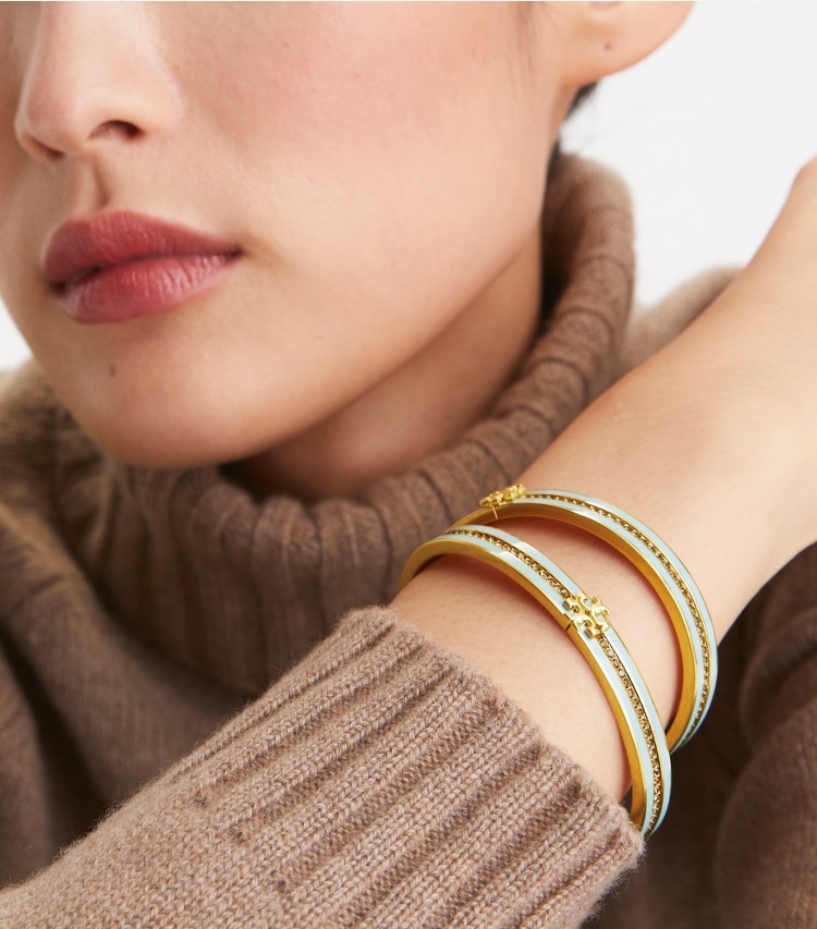 Tory Burch designer bracelets Kira Enamel 7mm Bracelet in Shiny Hematite/Black Multi accessory on model