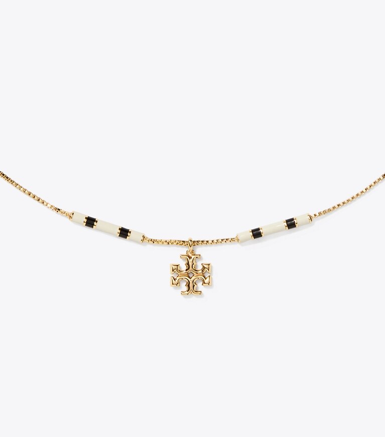 Tory Burch designer necklaces Kira Enamel Bar Pendant Necklace in Tory Gold / Black / New Ivory front