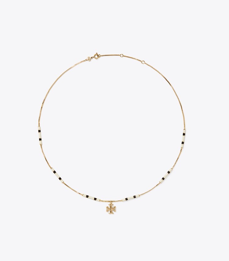 Tory Burch designer necklaces Kira Enamel Bar Pendant Necklace in Tory Gold / Black / New Ivory front