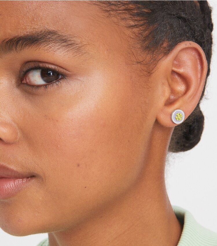 Tory Burch designer earrings Kira Enamel Circle-Stud Earring in Tory Silver / Purple / Green accessory on model