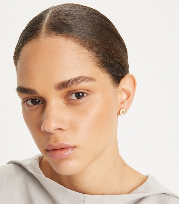 Tory Burch designer earrings Kira Enamel Circle-Stud Earring in Tory Gold / New Ivory accessory on model