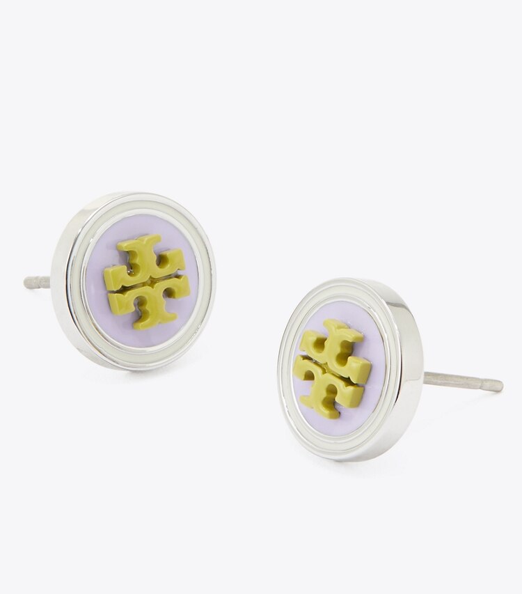 Tory Burch designer earrings Kira Enamel Circle-Stud Earring in Tory Silver / Purple / Green detail