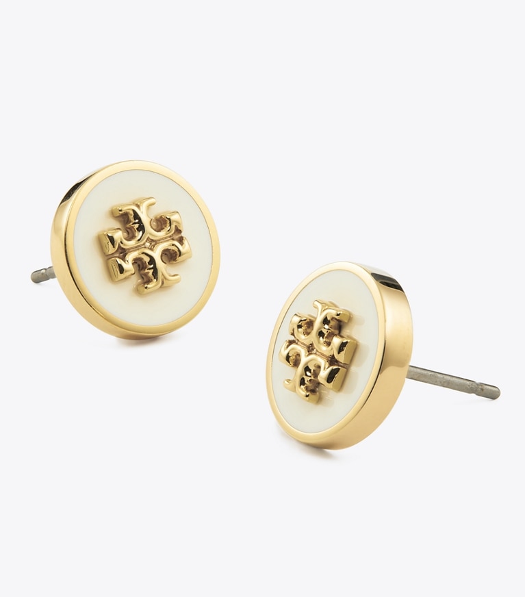 Tory Burch designer earrings Kira Enamel Circle-Stud Earrings in Tory Gold / New Ivory front